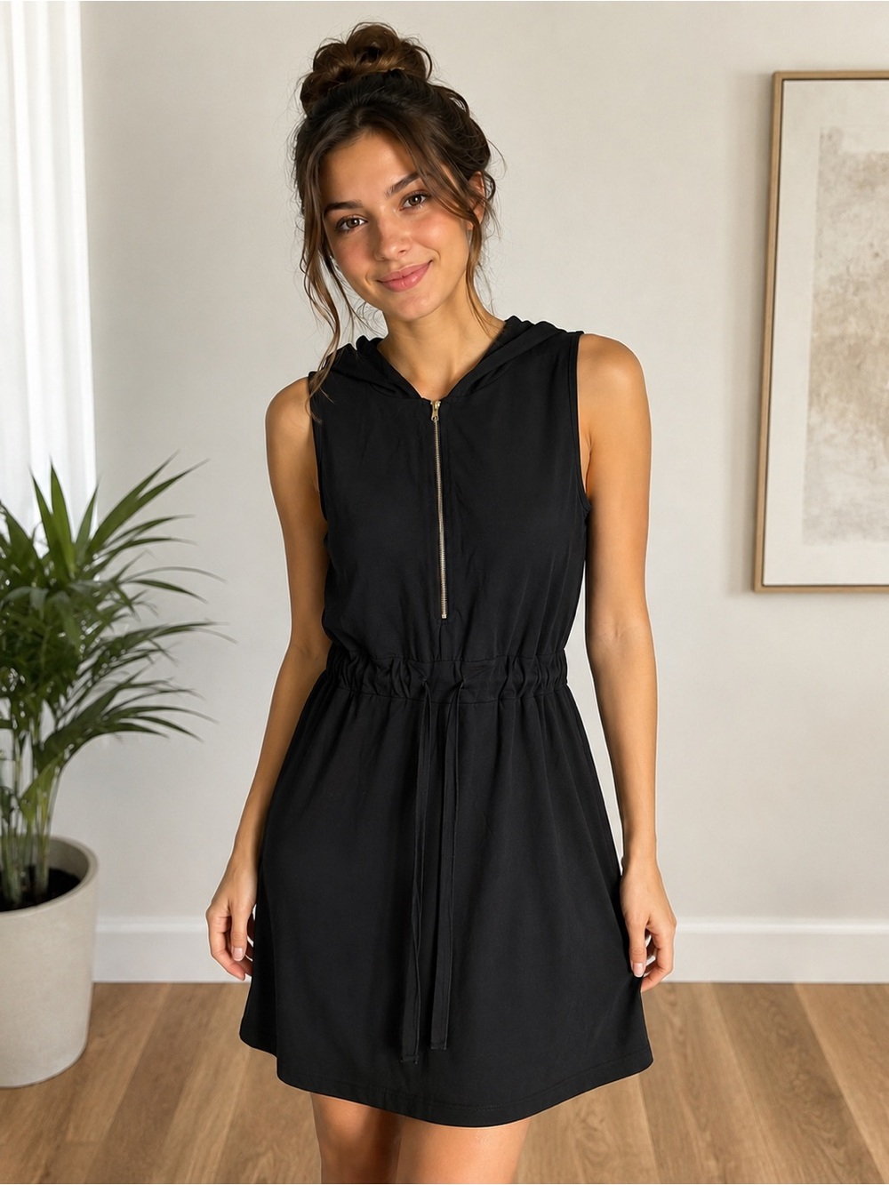 Women’s Black Sleeveless Hooded Dress Zip Front Drawstring Waist Size Large